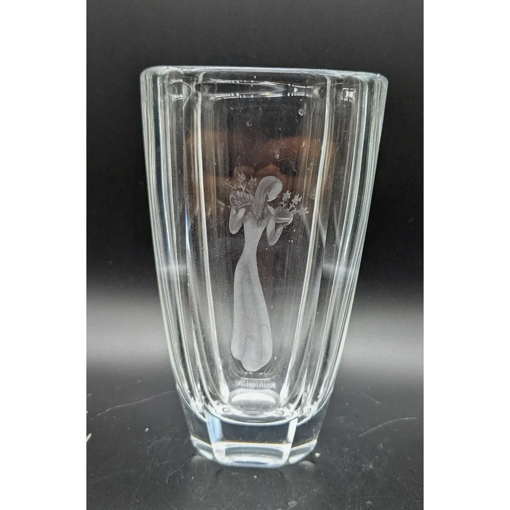 Vintage Etched Orrefors Clear Crystal Vase Maiden Holding A Flower Signed 7